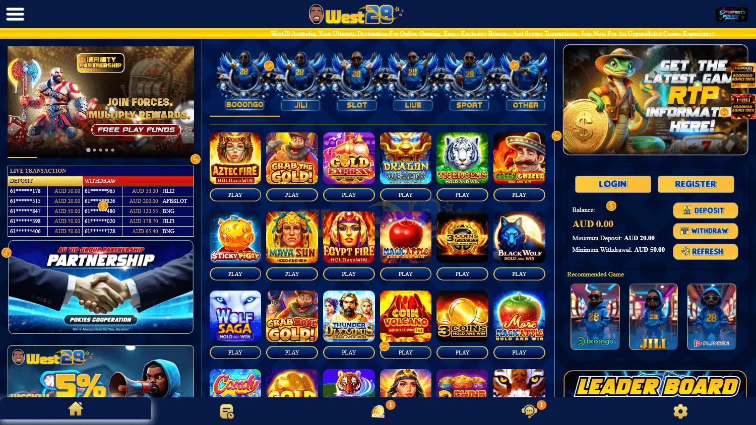West28 Casino home view on desktop